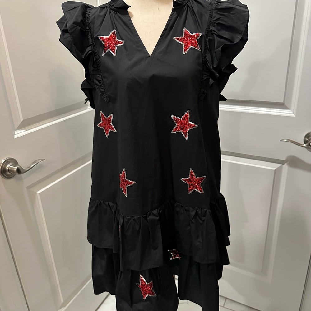 Black Mini Dress with Red Star Accents